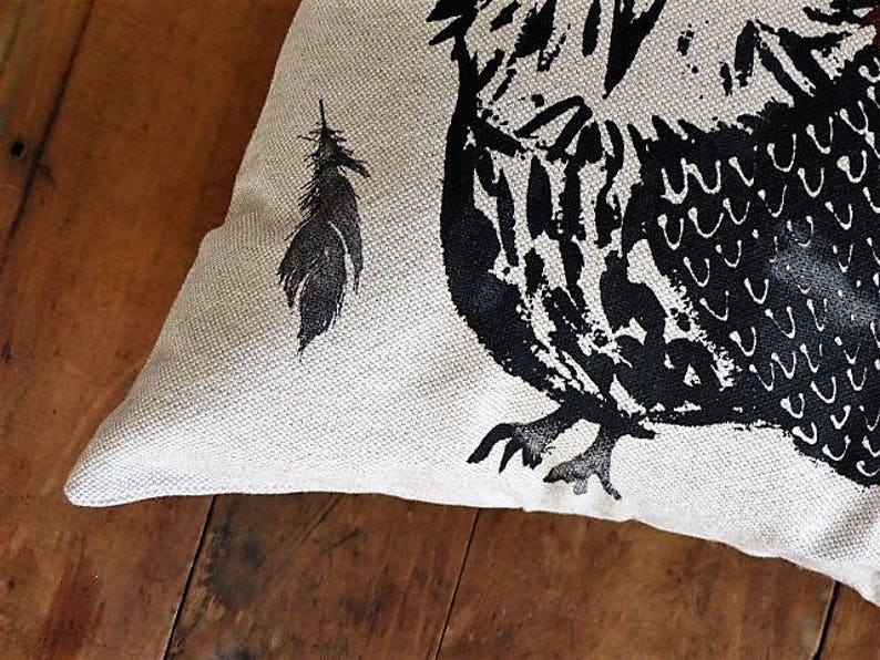 Housse de coussin Hiboux en lin Linen Owl Cushion s\u00e9rigraphi\u00e9 \u00e0 la main hand made