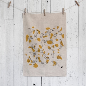 Dish linen / Tea Towel / Lin / Linen / Textile Print / Screening print/ Screenprint/ Birds/ Ocre/Jaune/ Quebec/ BohoCanada/