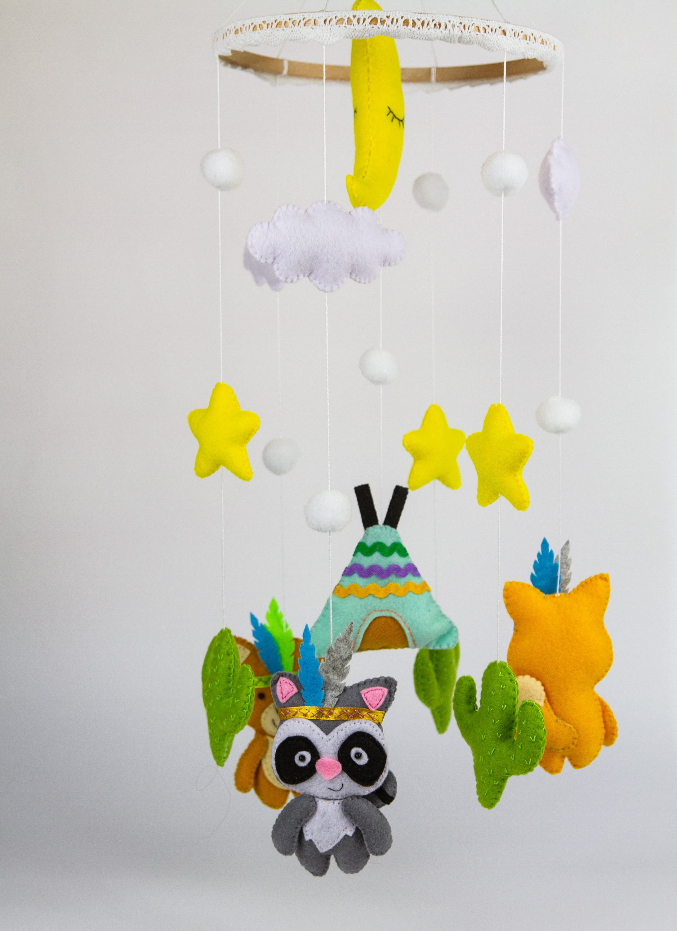 Woodland Mobile Crib Mobile Cot Mobile Felt Racoon Felt Etsy
