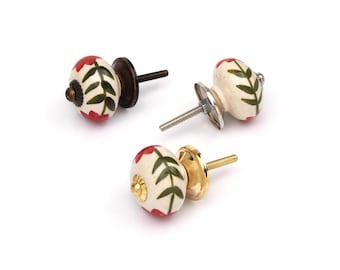 Boutons de tiroir en céramique à motif floral avec fleurs rouges et feuilles vertes (lot de 1)