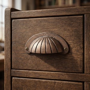 May include: A dark brown wooden drawer front featuring a semi-circular, shell-shaped metal cup pull handle. The handle has a textured, weathered bronze finish and is securely attached to the wood with two small, flat-head brass screws.