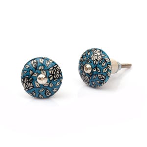 Handmade Ceramic Cabinet Knob: Turquoise Blue Floral Vine Pattern Drawer Pull (Set of 1 Knob)