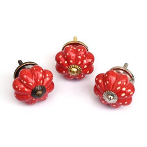 May include: Three pumpkin-shaped cabinet knobs with a glossy red finish and white polka dots. Each knob features a fluted, rounded design with a metallic center accent and a threaded metal bolt extending from the back for installation.