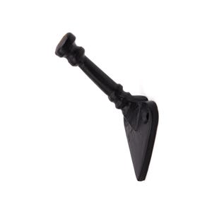 May include: A matte black wall hook featuring a triangular mounting plate with a single screw hole and a protruding arm that ends in a rounded knob. The metal hook has a textured finish and a tapered design, extending outward from the base.