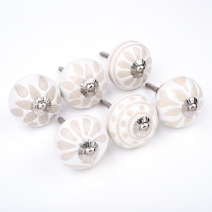 White Ceramic Cabinet Knobs with Beige Petal and Polka Dot Pattern (Set of 6)