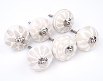 White Ceramic Cabinet Knobs with Beige Petal and Polka Dot Pattern (Set of 6)