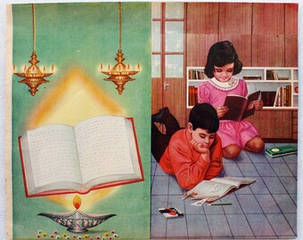 Vintage oude poster print, kinderen rijden boeken, wall art poster afdrukken