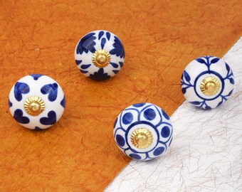 Poignées de tiroir décoratives bleues et blanches peintes à la main (Ensemble de 1 bouton)