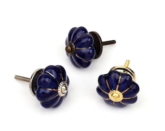 Boutons de tiroir en céramique bleu cobalt foncé en forme de citrouille avec accents métalliques variés (lot de 1 bouton)