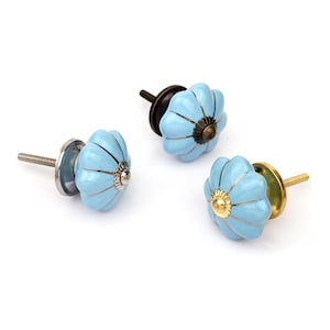 May include: Three light blue ceramic cabinet knobs with a pumpkin-shaped design and metallic accents. Each knob features a central metal cap and a threaded screw post. The hardware finishes vary, including silver, dark bronze, and gold-toned metal.