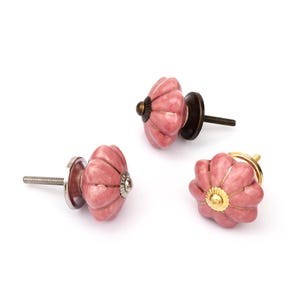 May include: Three pumpkin-shaped ceramic knobs in a glossy dusty pink finish. Each knob features a fluted design with metallic hardware accents, including a threaded bolt for mounting, finished in varying tones of brass, silver, and gold.