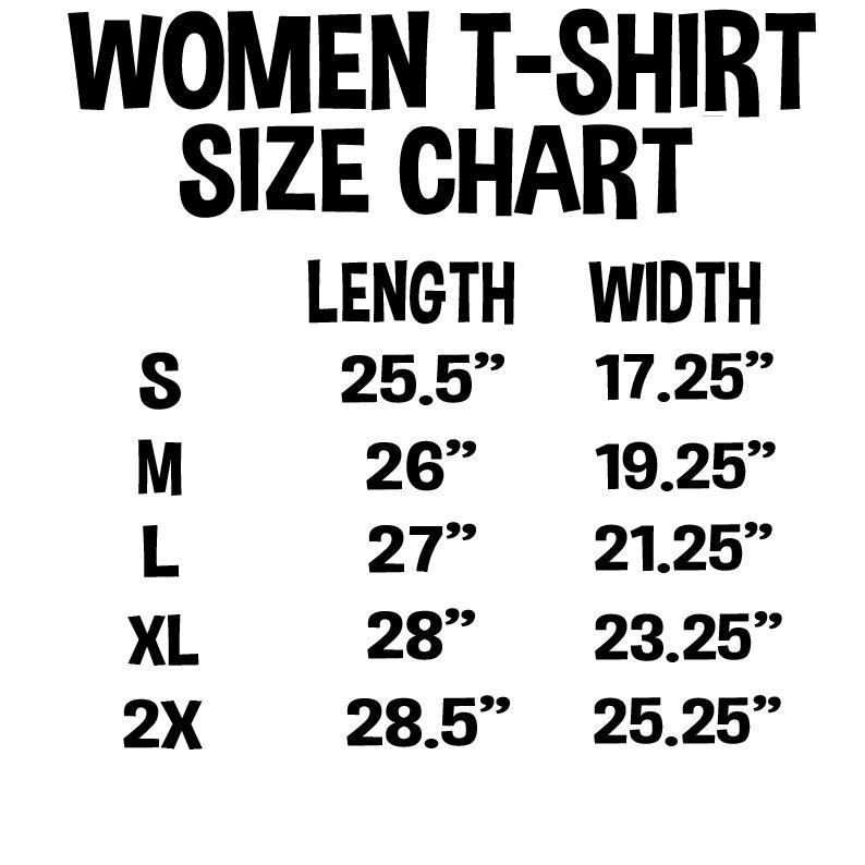 Puede incluir: Tabla de tallas de camiseta para mujer con medidas en pulgadas. La tabla muestra la longitud y el ancho de la camiseta en pulgadas para las tallas S, M, L, XL y 2X.