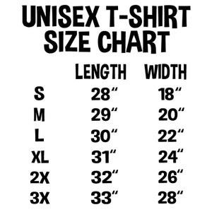 Puede incluir: Tabla de tallas de camiseta unisex que muestra las medidas de longitud y ancho en pulgadas para las tallas S, M, L, XL, 2X y 3X.