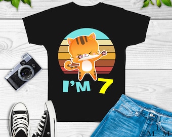 Camisa de cumpleaños de gato, camisa de siete cumpleaños, CUALQUIER EDAD, niñas de camisa de cumpleaños de 7 años, niños de 7 años, el mejor regalo para siete, séptimo cumpleaños