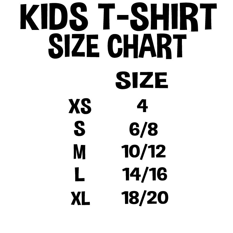 Puede incluir: Tabla de tallas de camiseta para ni&ntilde;os con tallas XS a XL y rangos de edad correspondientes: 4, 6/8, 10/12, 14/16 y 18/20.