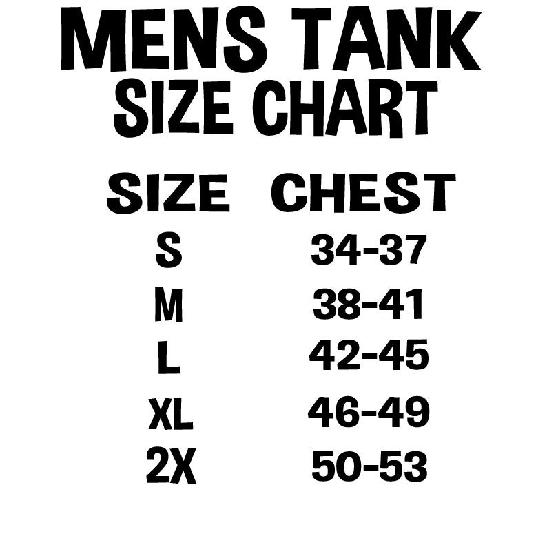 Puede incluir: Tabla de tallas para camisetas de tirantes, que muestra las medidas del pecho en pulgadas para las tallas S, M, L, XL y 2X.