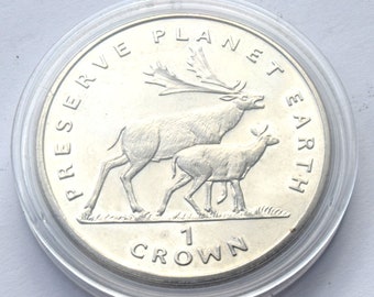 1994 Isle Of Man Crown, Preserve Planet Earth Fallow Deer coin in case