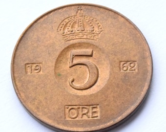 1962 Sweden 5 ORE Gustaf VI  Sveriges Bronze coin
