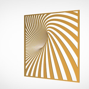 Puede incluir: Una decoración de pared de metal de color dorado con un diseño geométrico de líneas que se arremolinan creando un efecto 3D.