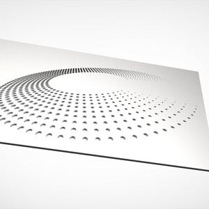 May include: A white, rectangular, decorative panel with a circular pattern of small, evenly spaced holes. The holes are arranged in a spiral pattern, creating a dynamic and modern design.