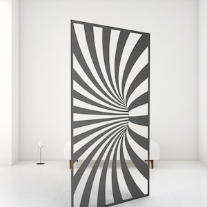 May include: A black and white room divider with a swirling, optical illusion design. The divider is made of metal and has a modern, geometric look.
