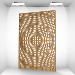 Może przedstawiać: Drewniane dzieło sztuki ściennej o geometrycznym, trójwymiarowym wzorze. Grafika przedstawia serię przecinających się linii, które tworzą wypaczony, sferyczny efekt. Element jest eksponowany w białym otoczeniu galerii, oświetlony przez światła.