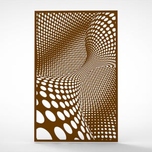 Pode incluir: Um desenho geométrico castanho com um padrão de círculos brancos em espiral. O desenho é emoldurado por uma moldura castanha.