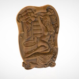 May include: A wooden carving of a woman in a sauna, with steam rising from the stove and a bucket of water nearby.