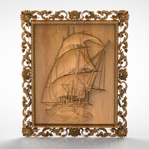 May include: A rectangular wooden wall plaque featuring a detailed relief carving of a sailing ship with multiple masts and billowing sails. The artwork is encased in an ornate, carved wooden frame with intricate scrollwork and floral motifs.