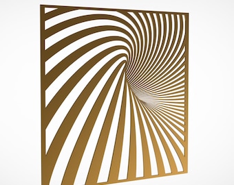 Op de afbeelding: Een goudkleurig, vierkant wandkunstwerk met een driedimensionaal optisch illusieontwerp. Het kunstwerk toont een reeks gebogen, parallelle lijnen die een wervelend vortexeffect creëren. De lijnen zijn goudkleurig tegen een witte achtergrond.