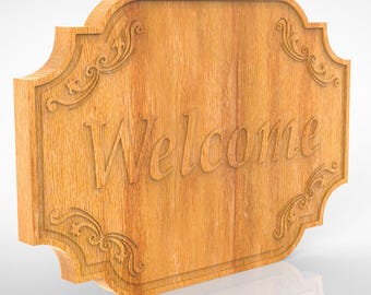 May include: A wooden welcome sign with ornate carvings and the word "Welcome" in a decorative font.