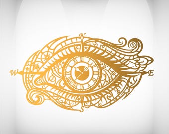 Mystical eye clock panel, steampunk wall art, laser cut svg, cnc vector file.