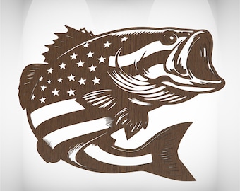 Bass Fish USA Flag Laser Cut File, Patriotic Fishing Wall Art, CNC Pattern.