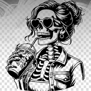 May include: Black and white illustration of a skeleton wearing sunglasses and a leather jacket, holding a cup of coffee with a straw.