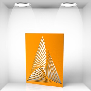 May include: Orange metal wall art with a geometric design. The artwork features a cut-out pattern of lines and shapes, creating a three-dimensional effect. The piece is displayed in a white, illuminated space.