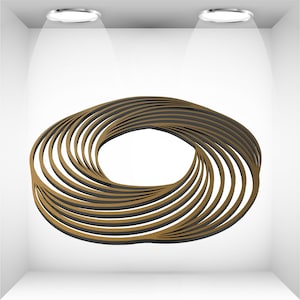 Pode incluir: Uma escultura abstrata moderna com uma série de anéis ovais em camadas. Os anéis alternam entre um castanho escuro e um castanho dourado mais claro, criando uma sensação de profundidade e dimensão. A escultura é exibida num espaço branco iluminado.