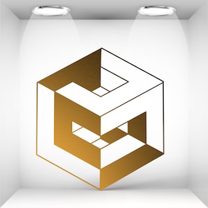 Puede incluir: Gráfico de ilusión de cubo imposible de color dorado. El cubo está delineado en blanco con sombreado dorado en los lados, creando un efecto tridimensional. La imagen está sobre un fondo blanco con dos focos superiores.
