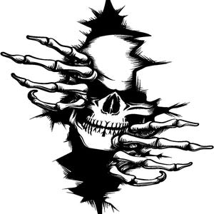 Pode incluir: Ilustração em preto e branco de uma caveira com um fundo rachado. A caveira está sorrindo com os dentes à mostra. Os olhos da caveira estão cobertos por mãos esqueléticas.