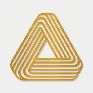 May include: A gold-colored graphic design featuring a continuous, interconnected triangular shape composed of multiple parallel lines that create an illusion of depth and geometric complexity, presented against a plain, light-colored background.
