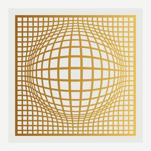 May include: A square graphic print featuring a gold grid pattern on a white background. The grid lines are distorted to create a convex, spherical optical illusion effect, making the center appear to bulge outward toward the viewer.
