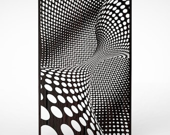 May include: A black and white abstract geometric design with a swirling pattern of circles. The design is cut out of a dark wood panel.