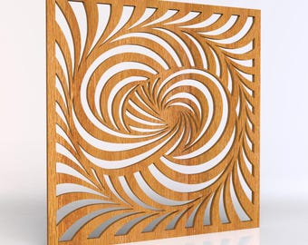 May include: A square wooden panel featuring a laser-cut design of two overlapping spiral patterns. The light brown wood grain is visible throughout the flat surface, which contains numerous curved cutouts that create a dynamic, swirling effect.