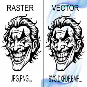 May include: Black and white illustration of a smiling character with exaggerated features, labeled "RASTER" and "VECTOR". The image includes text "JPG, PNG..." and "SVG, DXFDF, EMF...", suggesting file types.