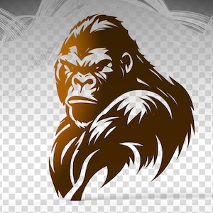 May include: A brown silhouette of a gorilla with a fierce expression, its head turned to the side. The gorilla's fur is detailed with a textured pattern.
