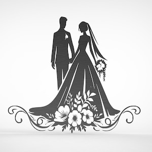 Könnte beinhalten: Schwarze Silhouette eines Brautpaares, das zusammensteht. Die Braut trägt ein langes Kleid mit Schleier und hält einen Blumenstrauß. Der Bräutigam trägt einen Anzug und eine Krawatte. Das Paar ist von floralen Designs umgeben.