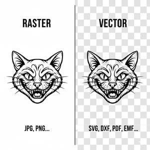 May include: Black and white illustration of a grinning cat face, with the words "RASTER" and "VECTOR" above the images. The left image is labeled "JPG, PNG..." and the right image is labeled "SVG, DXF, PDF, EMF..."