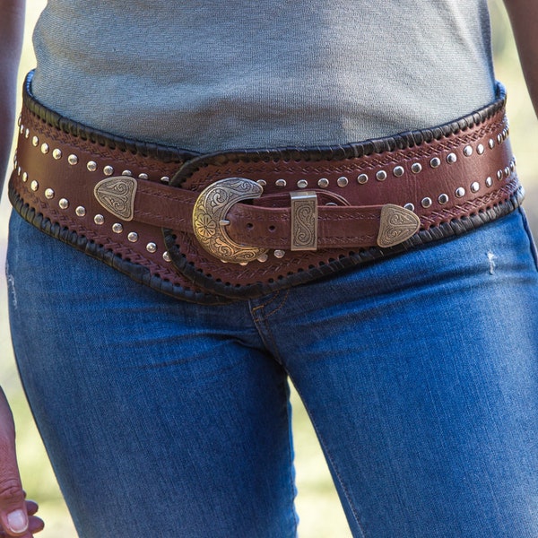 Hip Belt, Southwestern Style Womens Belt, Handmade Leather Belt, Western Style Wide Belt, Brown & Black Leather Wide Belt