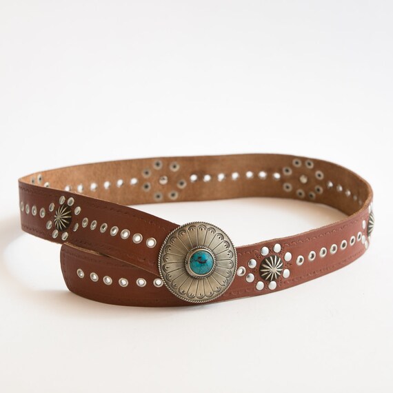Womens Southwestern Brown &Turquoise Belt Xs Brown Leather Waist Belt, Southwestern Belt, Western Style  main image 3