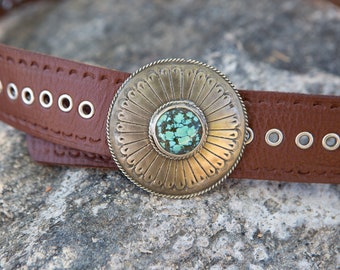 Brown Leather Waist Belt, Southwestern Belt, Western style Thin Belt, Womens Belt, Handmade Leather Belt, Turquoise & Silver Buckle