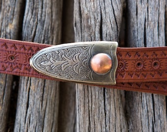 Western Belt, Southwestern Style Brown Leather Handmade Belt, Thin belt w/ Tooled Metal Buckle, Western Style Belt, Womens Belt
